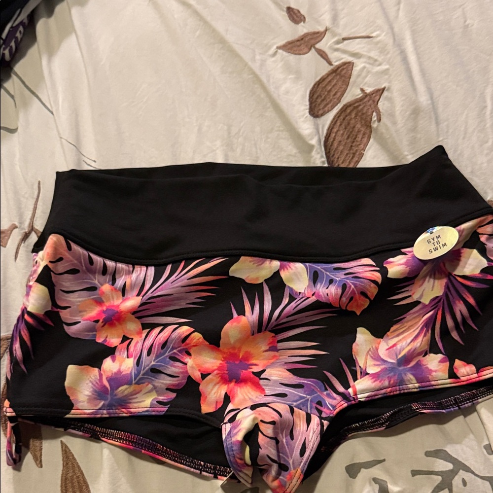 Victoria's Secret Black and Pink Tropical Swim Shorts